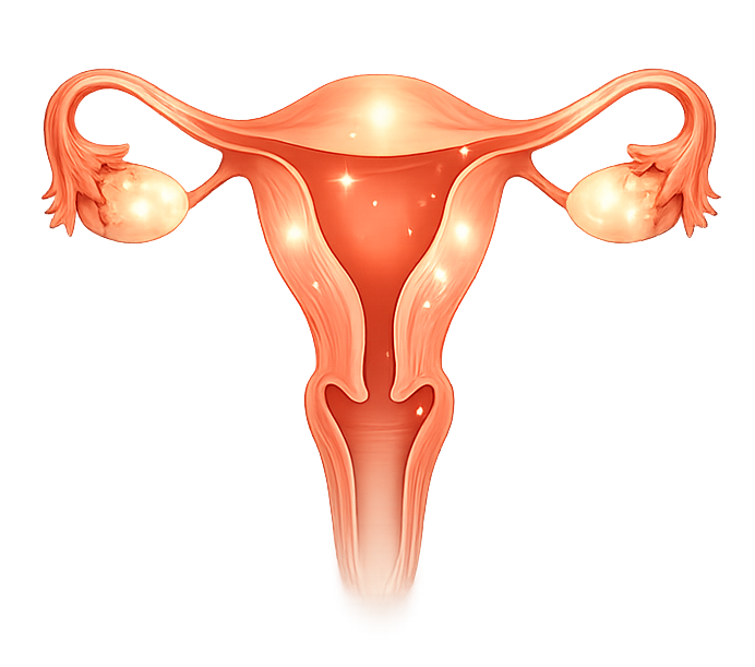 Illustration of a uterus surrounded by soft botanical linework, representing gentle, non-surgical fibroid care
