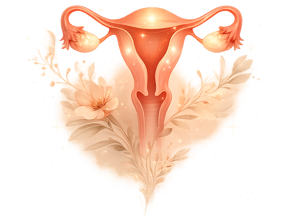 Illustration of a uterus surrounded by soft botanical linework, representing gentle, non-surgical fibroid care